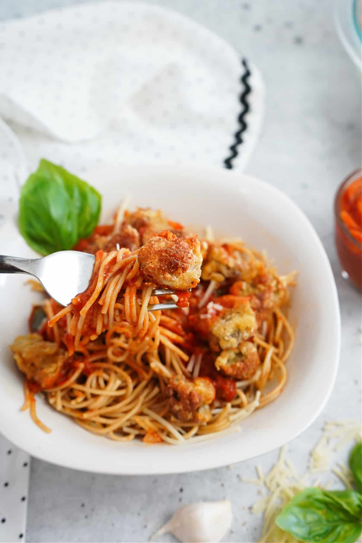A pasta dish with air-fried eggplant