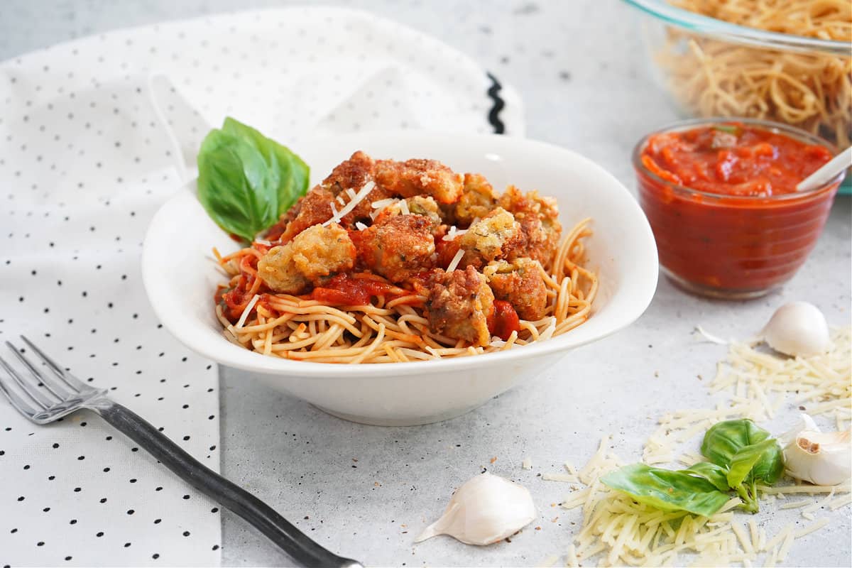 Air-Fried Eggplant with Whole Wheat Pasta and Zesty Marinara Sauce