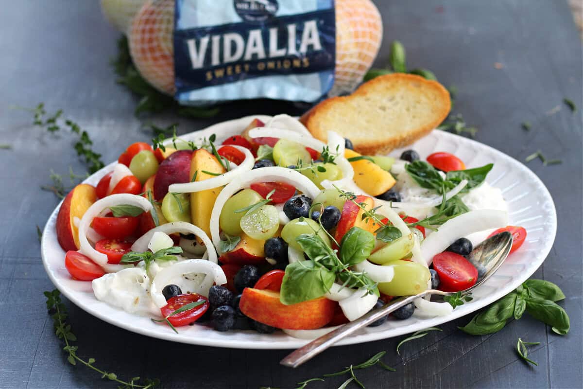 tomato peach onion burrata salad