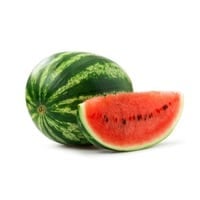 one whole and one slice of watermelon on a white background