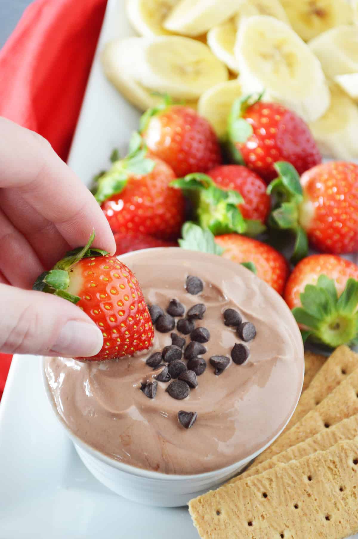 chocolate fruit dip made with Greek Yogurt