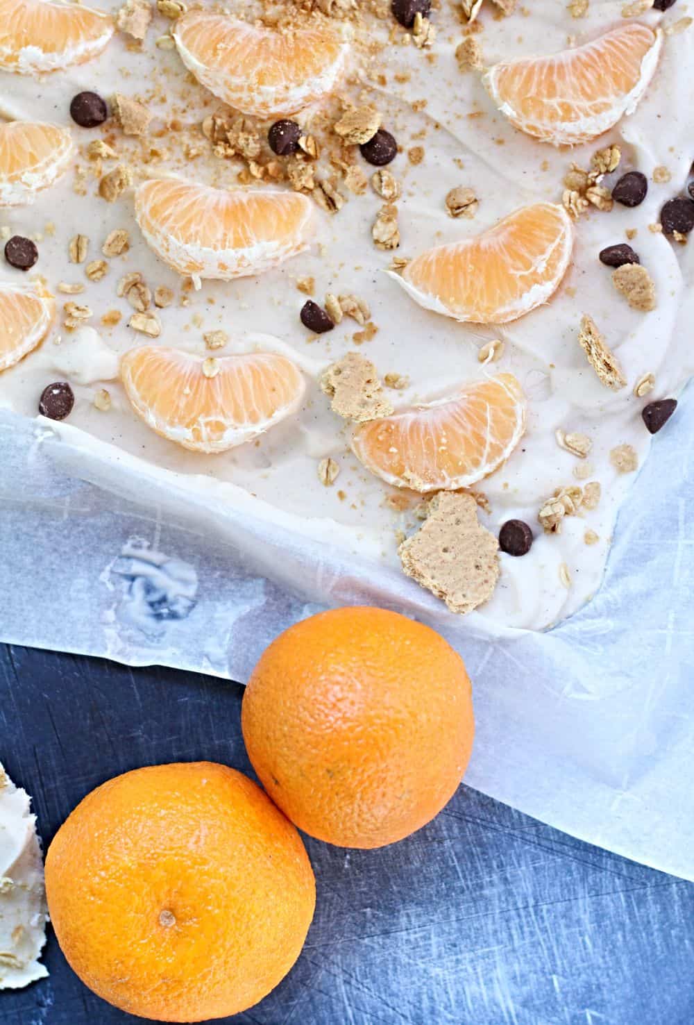 yogurt bark with mandarins and chocolate chips 